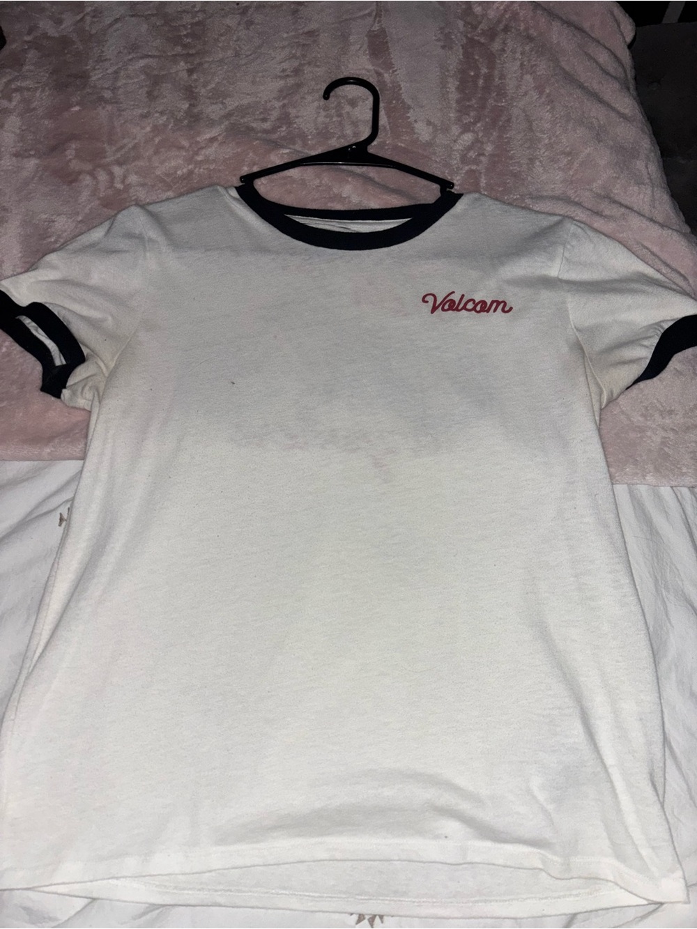 Volcom White Short Sleeve Ringer Tee with Navy Trim and Red Logo
